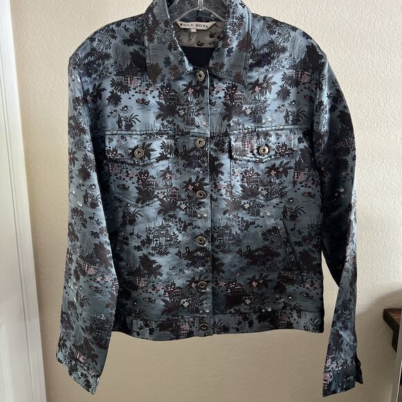 Silk Box Jacket Silk Rayon Swan Pagoda Cheongsam Dusty Blue Gorgeous Size M - Picture 1 of 13